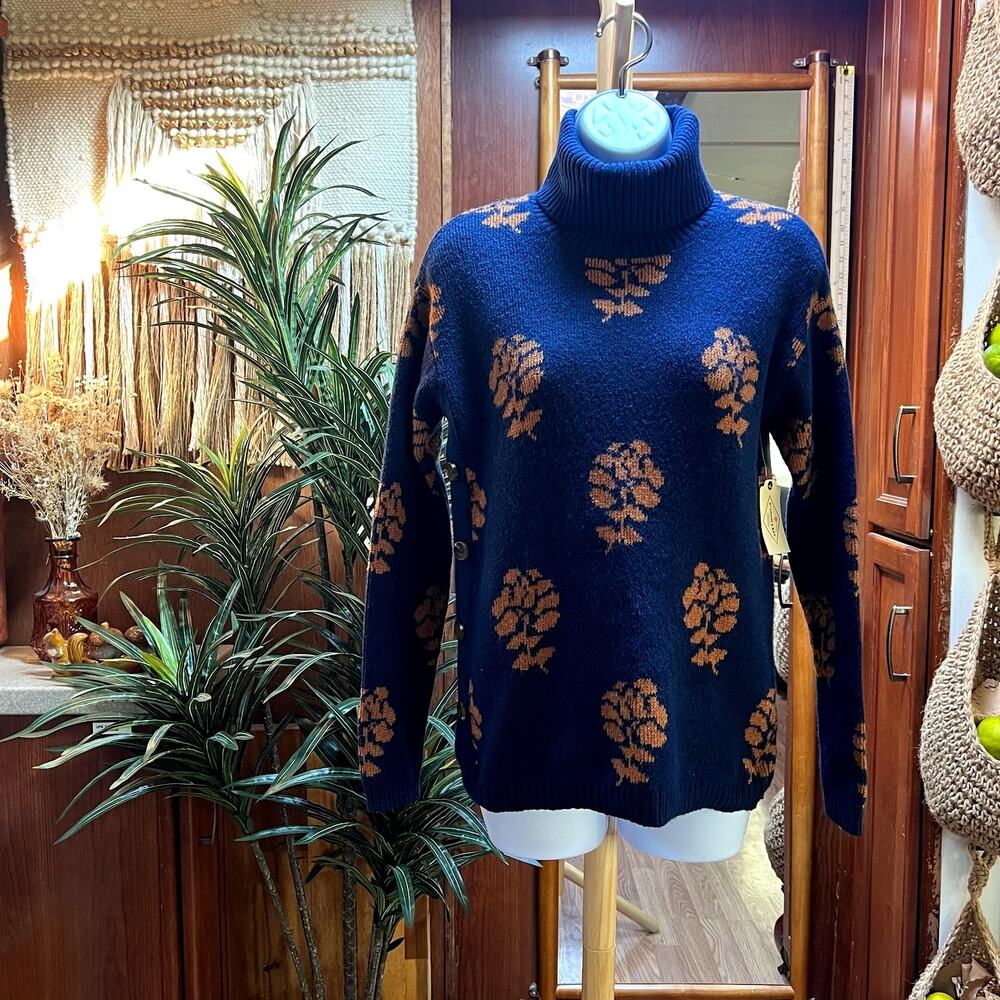 St Johns Bay Turtleneck Sweater Womens XS Navy Pinecone Button Side Knit NWT